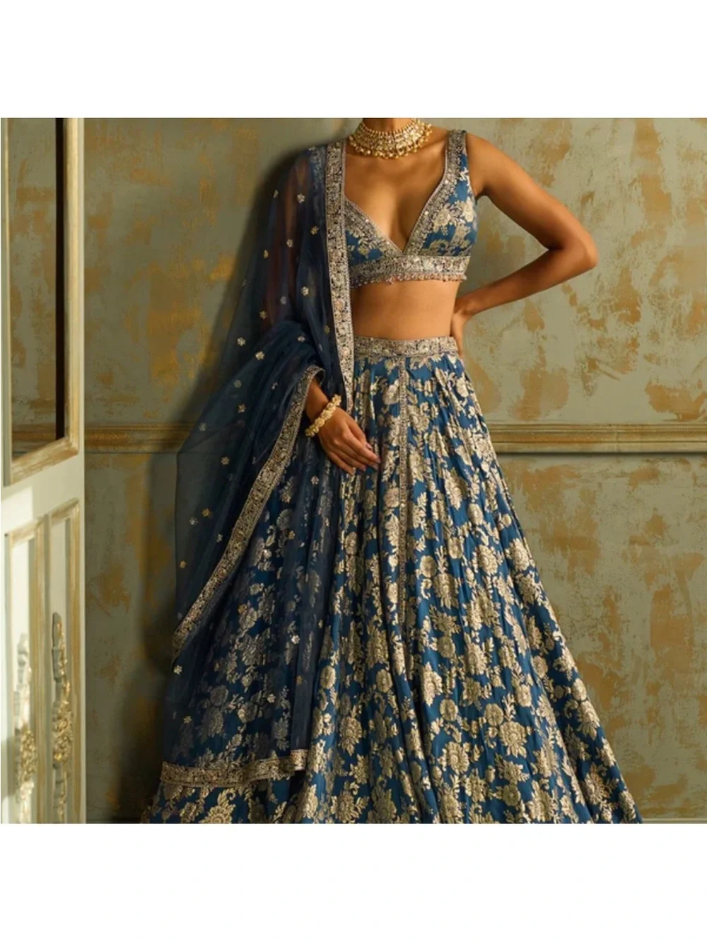 Elegant Navy Blue and Gold Embroidered Lehenga - Picture 2 of 4